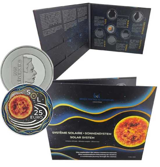 25 euro Lussemburgo 2025 - 1 oncia argento 999/000 colorato - Il sole + ALBUM 