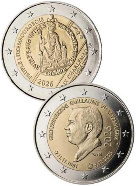 2 euro Lussemburgo 2026 - 45° compleanno del granduca Guglielmo + 40 anni del Premio Internazionale Carlo Magno  