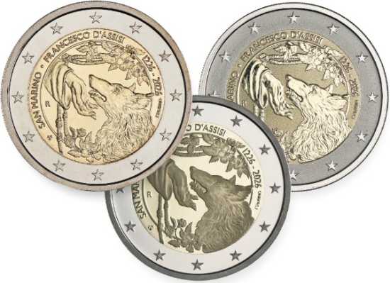 San Marino 2026: San Francesco e il Lupo di Gubbio in tre versioni da 2 €