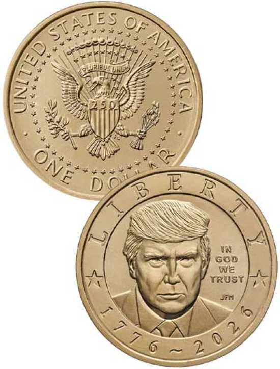  controversa moneta da un dollaro con l'immagine di Donald Trump.