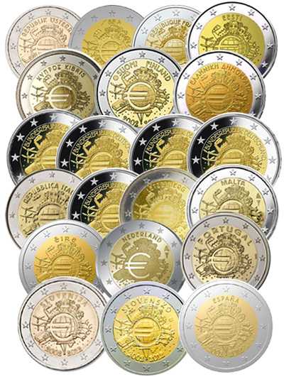 Monete Euro - Collezione Completa - 21 Monete da 2 euro 2012 -  10°Anniversario Euro ( con le 5 zecche di Germania)
