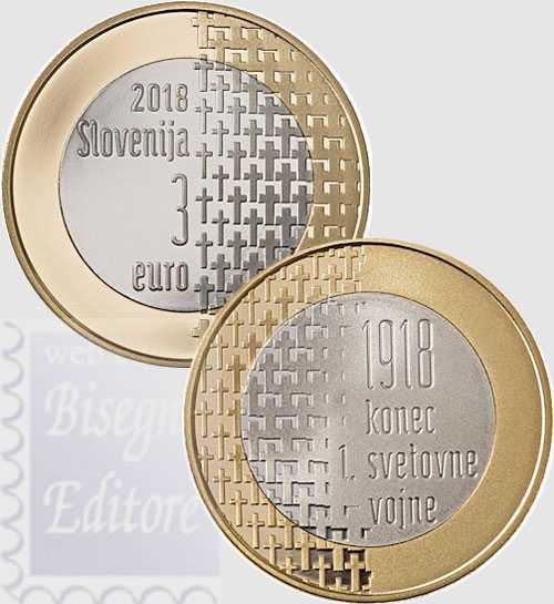 Monete Euro - 3 euro Bimetallico Slovenia 2018 - 100° Ann. Fine della Prima  Guerra Mondiale