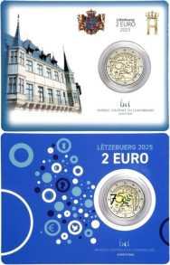 2 euro Lussemburgo 2025 - Coppia Coincard Ufficiali BU -  Marchio  Zecca olandese -75° anniversario della Dichiarazione Schuman 