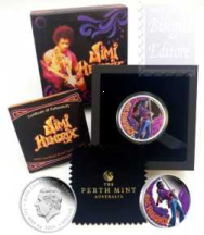 Moneta 1 $ 2025 -1 Oncia Argento 999.9 proof - Jimi Hendrix in scatola ufficiale e certificato Perth Mint Australia