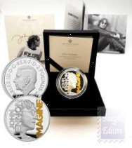 Moneta 2 £ John Lennon  in scatola ufficiale e certificato Royal Mint 2025 - 1 Oncia Argento 999,9 Proof (31,21 g)) 
