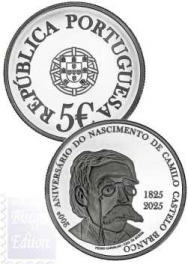 5 € Portogallo 2025 - 200° ann. nascita di Camilo Castelo Branco