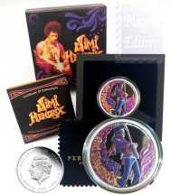 Moneta 1 $ Jimi Hendrix in scatola ufficiale e certificato Perth Mint Australia 2025 -1 Oncia Argento 999.9 proof ( 31,21 gr.)