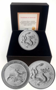 Monete Cina - 10 Yuan 2026 - 1 oncia Argento 999( 31,104 gr).- Drago cinese in ns. scatola e certificato