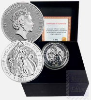 Confezione in scatola e  ns. certificato - 5 Sterline Gran Bretagna  2022 - 2 Once Argento 999 BU (62,22 g) Queen's Beasts : Leone dei Tudor
