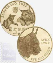 5 € in rilievo e in capsula lega bronzital Slovacchia 2022 - Flora e Fauna slovacche - Lince euroasiatica