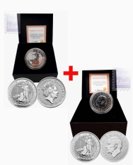 2 x Britannia 2023 Elisabetta II + Carlo III - 2 Confezioni in scatola e ns. certificato-  2 sterline oncia Argento 999 BU (31,10 g)
