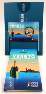 5 € colorato  Italia 2023 - Serie Cultura Enogastronomica Italiana - Veneto - Prosecco e Granseola