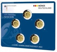 2 euro 2023 -  Coincard  Ufficiale  BU x 5 Zecche A-D-F-G-J >2 euro Germania  -1275° Ann. Nascita Carlo Magno