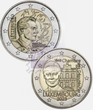 2 x 2 euro Lussemburgo 2023 - 175° ann. Camera dei Deputati e  prima Costituzione + 25° ann. ammissione Granduca Henri a membro dell'Unione Internazionale Comitato Olimpico.