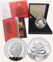 Oncia 2 £ in scatola ufficiale e certificato Royal Mint 2024 - 1 Oncia Argento 999,9 Proof (31,21 g)) - Anno del Drago