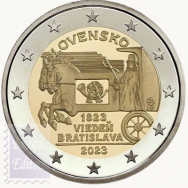 2 euro Slovacchia 2023 - Fior di conio UNC - 200° anniversario della rotta postale  Vienna - Bratislava.